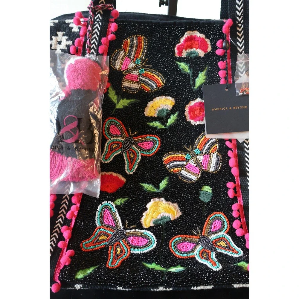 America & Beyond QVC Midnight Butterflies Beaded Tote Set NWT